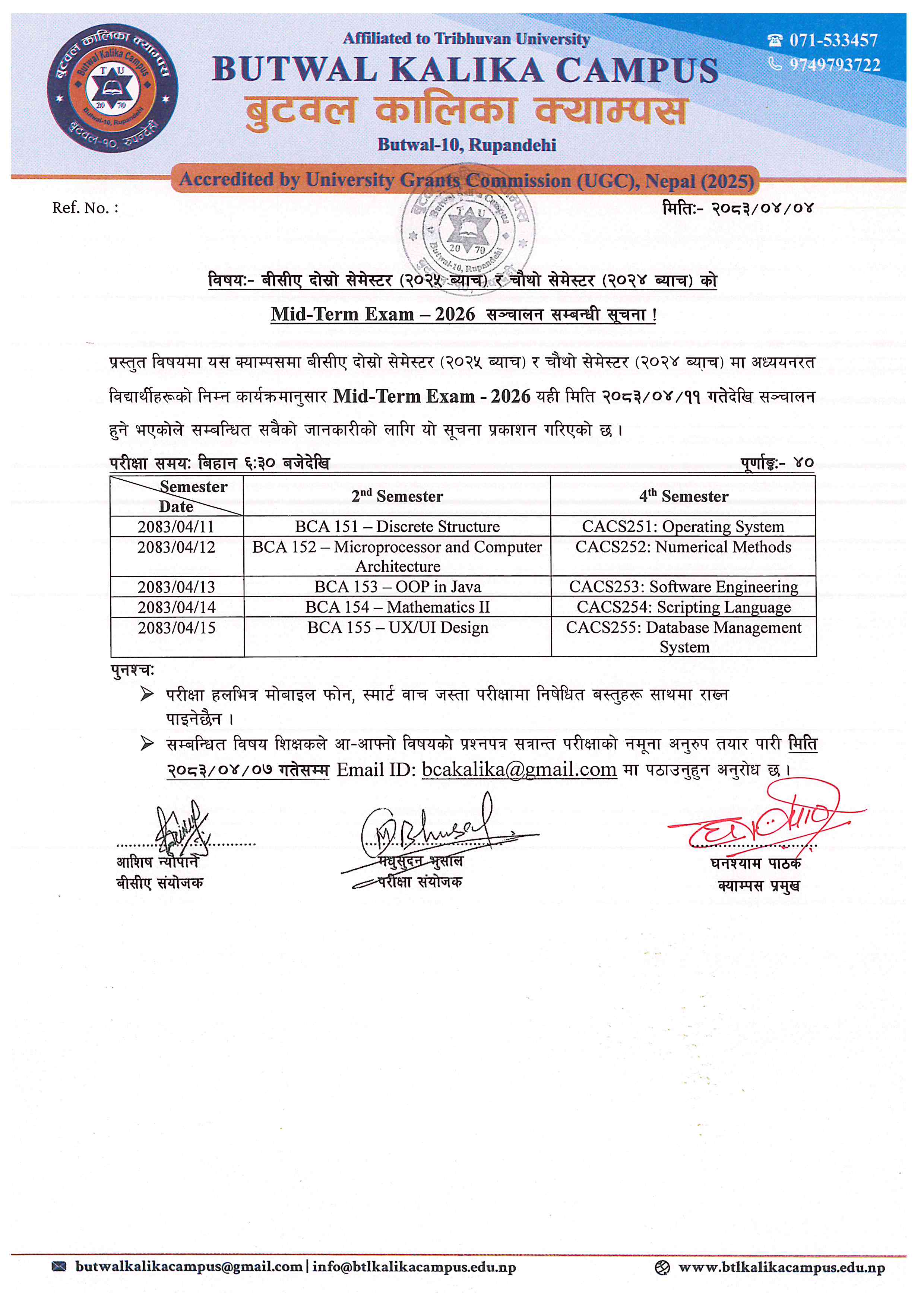 Notice Regarding Mid-Term Examination of BCA 2nd and 4th Semester