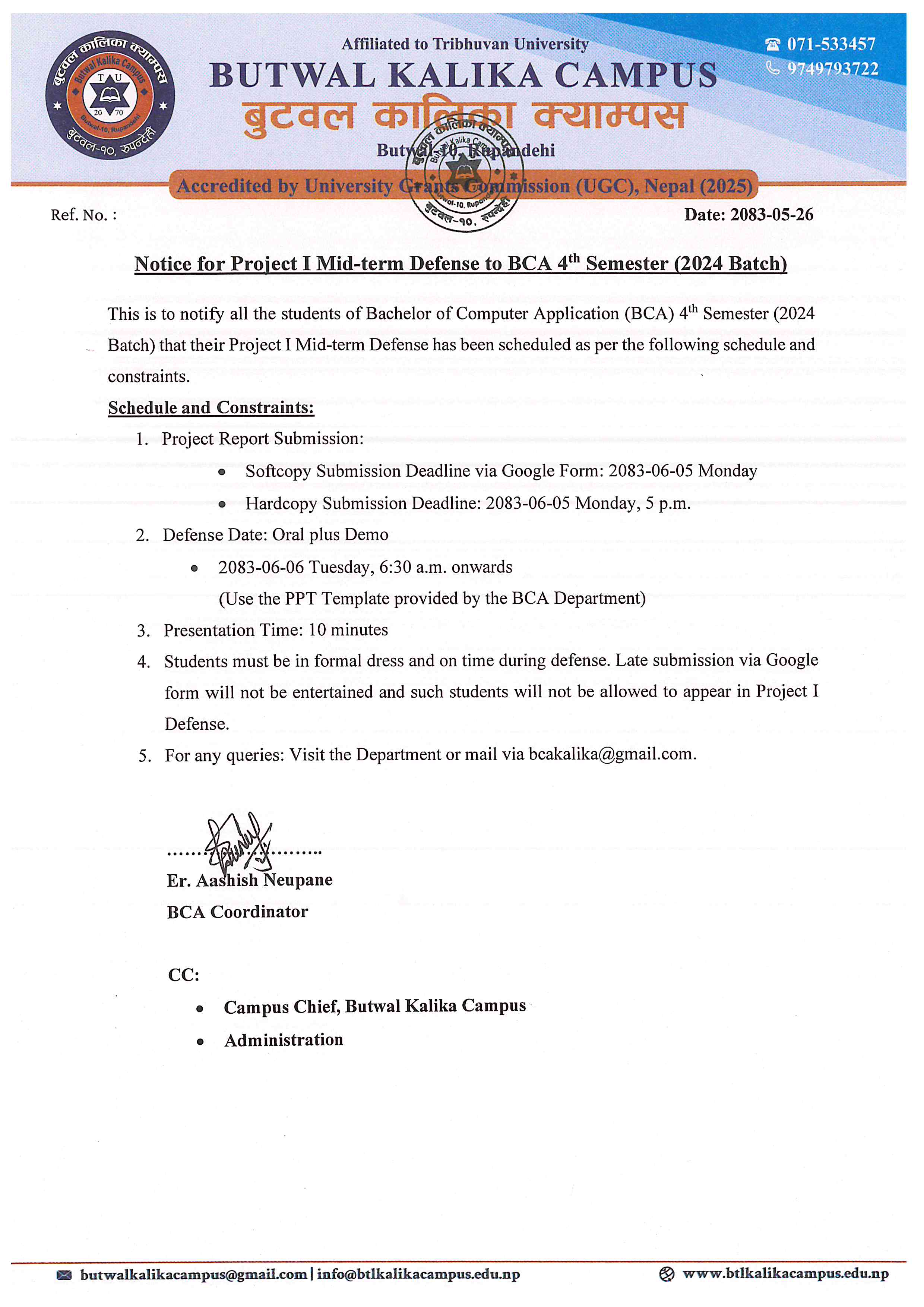 Notice for Project-I Mid-Term Defense for BCA 4th Semester