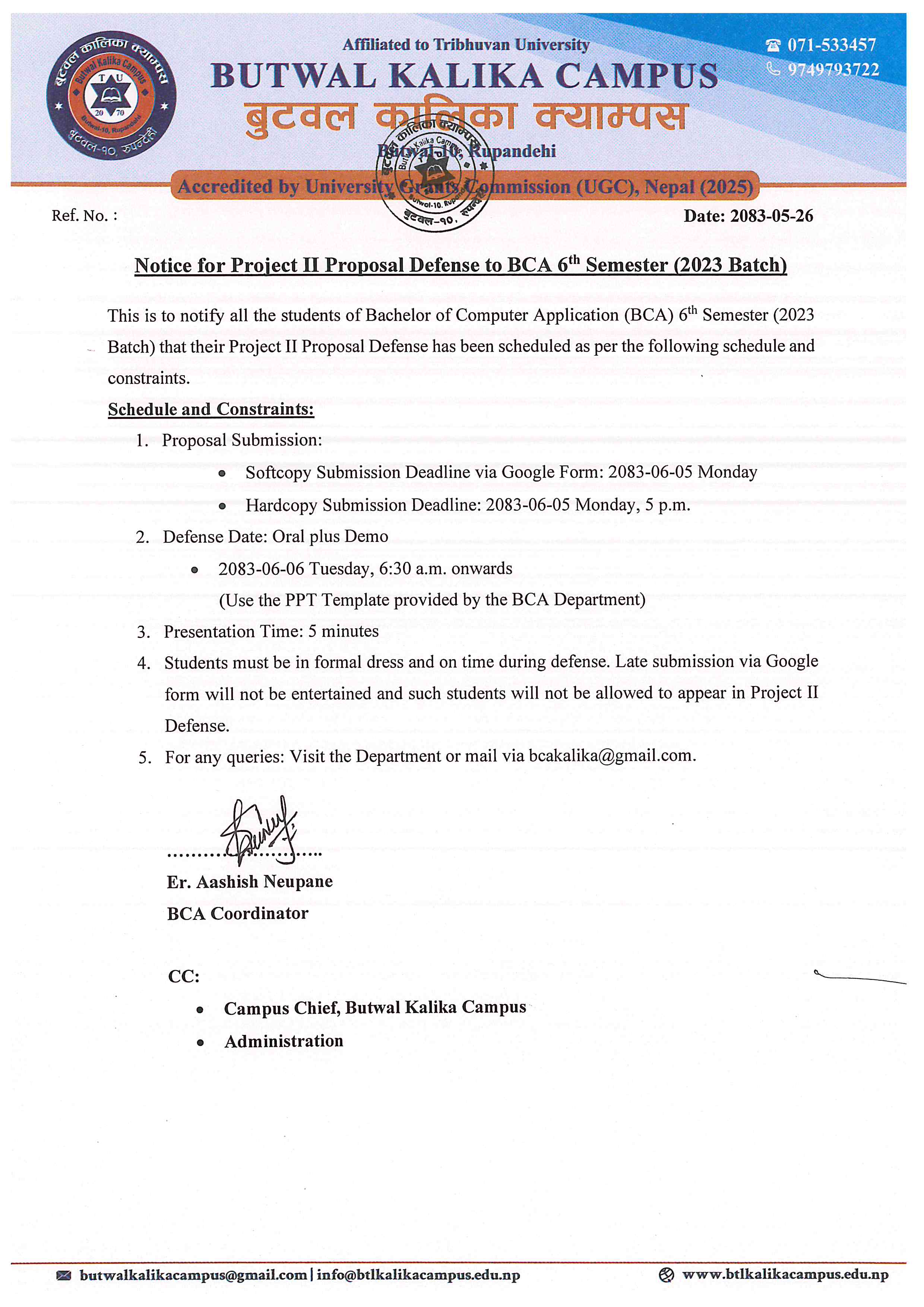 Notice for Project-II Proposal Defense for BCA 6th Semester